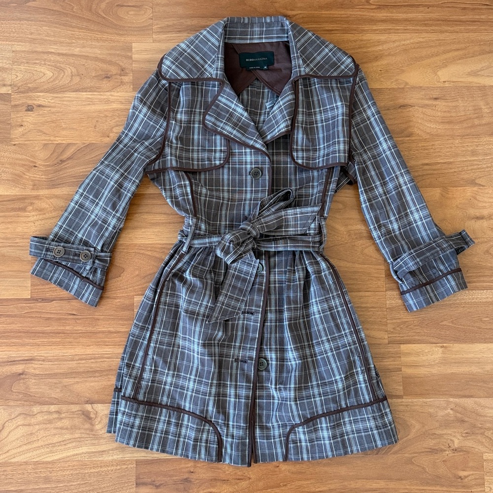 ❤️ BCBG MaxAzria Plaid Trench Coat Jacket Size XS NWOT
